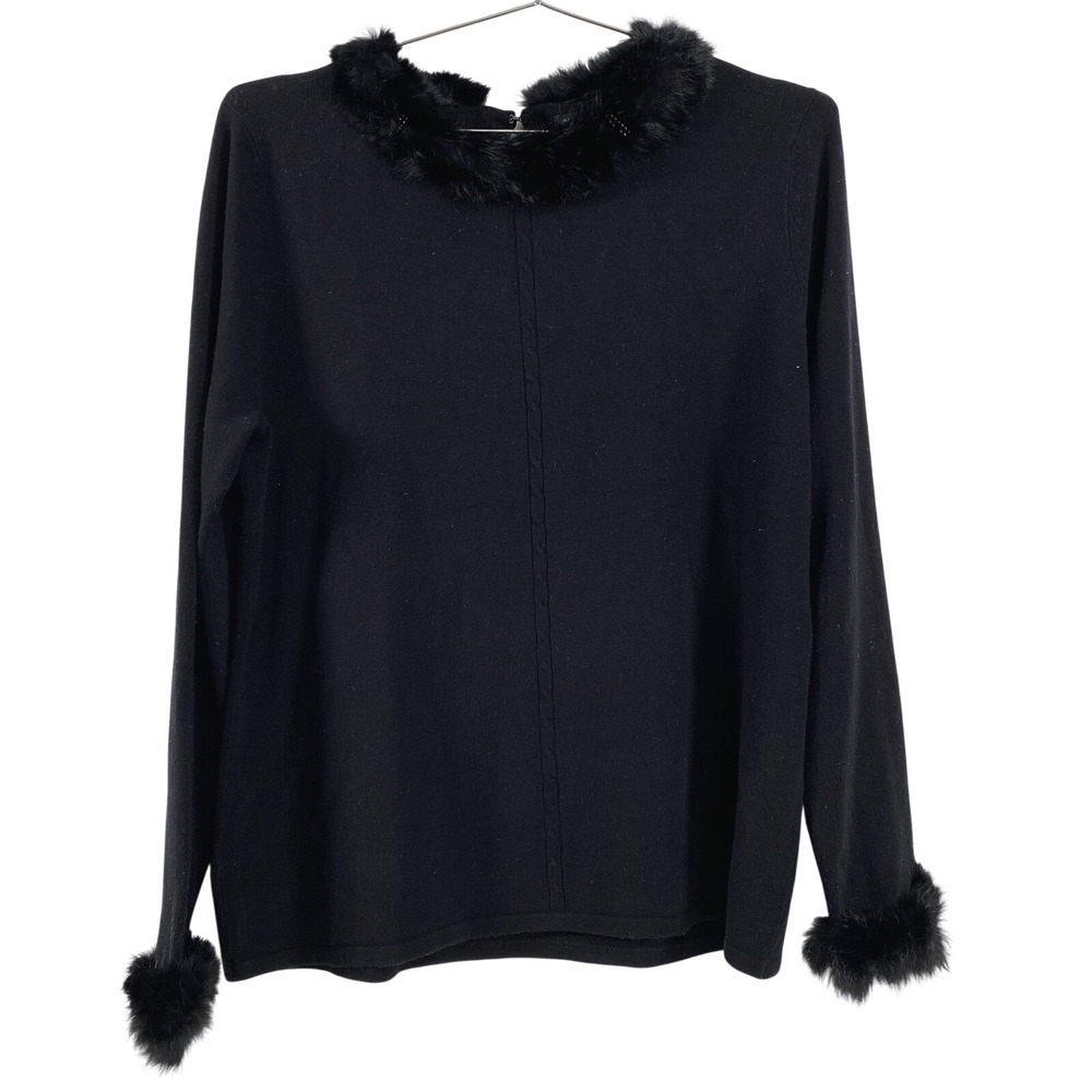 NY Collection Sweater Womens Large Black‎ Faux Fur Trim Collar Cuffs Long Sleeve